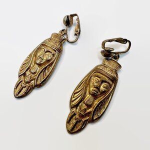 Egyptian Earrings, King Tut, 1930s, Egyptian Revival, Gold Tone, Lightweight